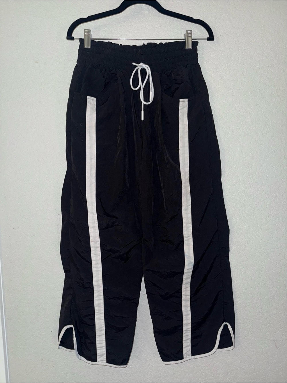 Black Track Pants with White Stripe Drawstring Small